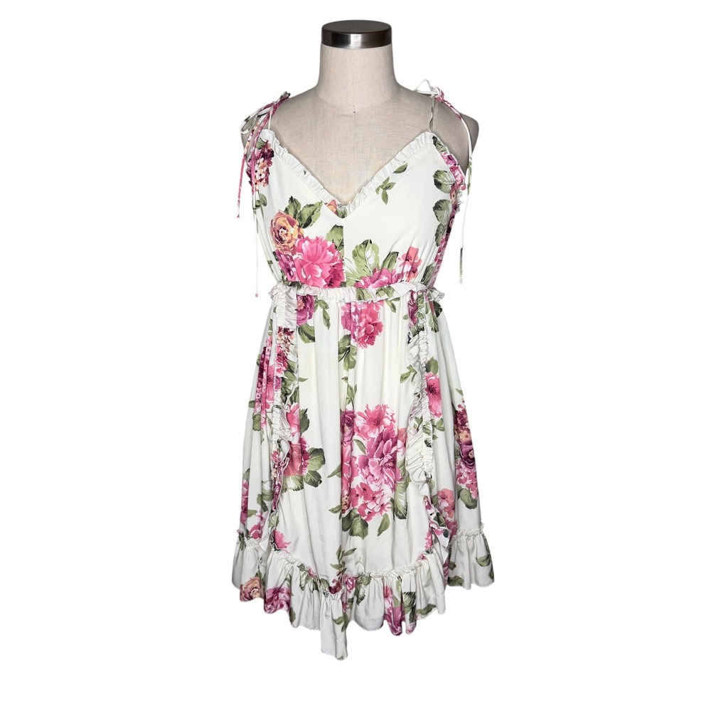 SUGARLIPS Sugar + Lips Dress White Floral Ruffle Tie Strap Women's‎ Size Large